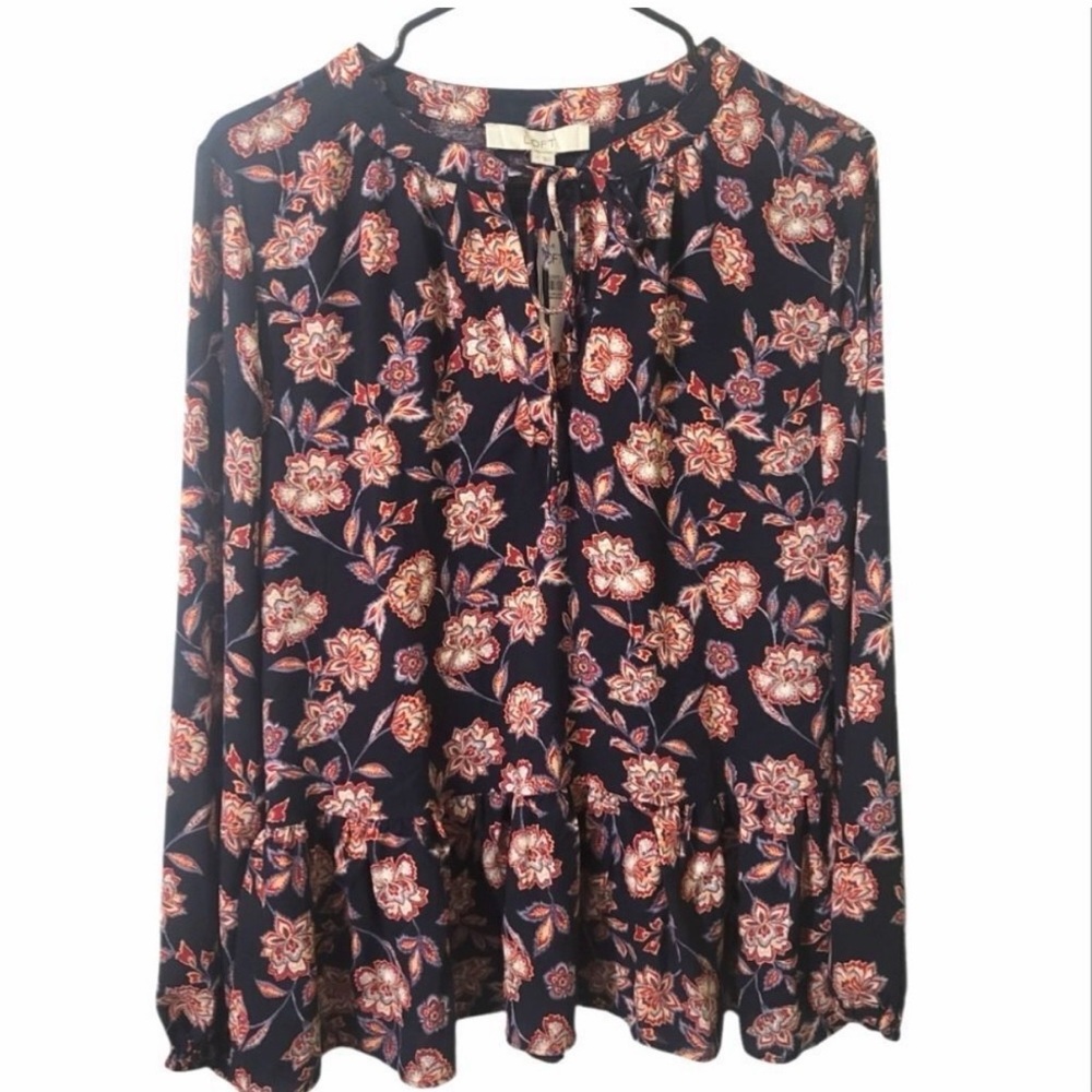 Loft Black Floral Peasant Blouse, New with Tag, Size M